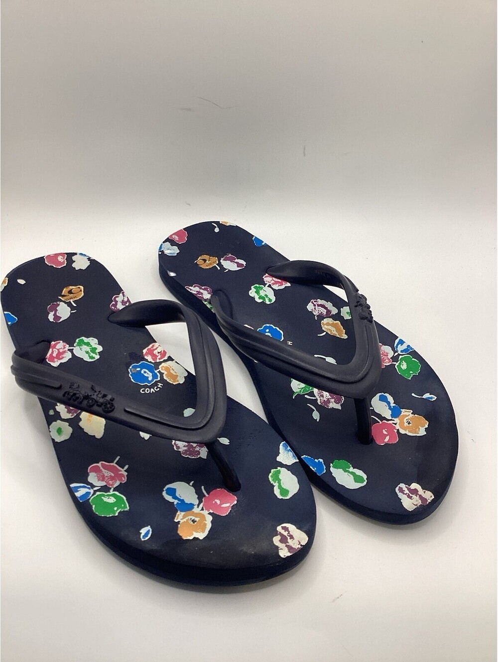 Coach Navy Blue Floral Print Flip Flops Sandals Womens Size 5-6 Summer Beach